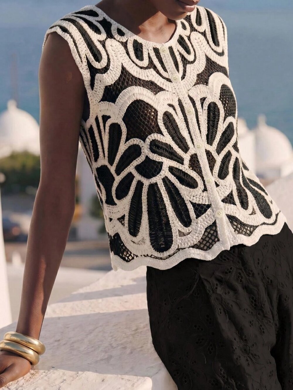 Black Casual Beach Vacation Women's Crochet Sleeveless Knit Top